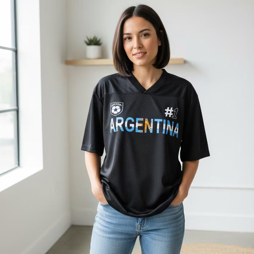 Argentina Flag Themed Graphic Mesh V-Neck Soccer Jersey