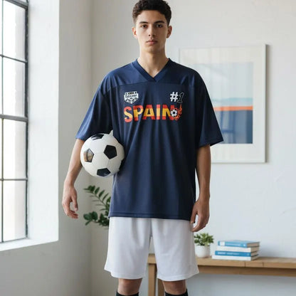 Spain Flag Themed Graphic Mesh V-Neck Soccer Jersey
