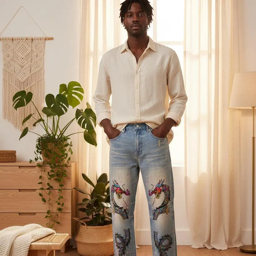 Colorful Dragon  Art Graphic Sun Fade Raw Hem Denim Jeans