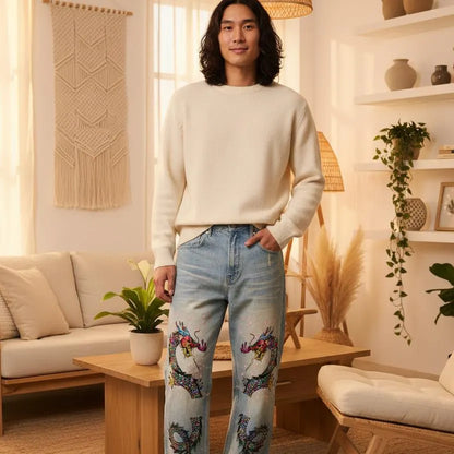 Colorful Dragon  Art Graphic Sun Fade Raw Hem Denim Jeans