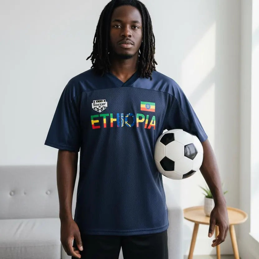 Ethiopia Flag Themed Graphic Mesh V-Neck Soccer Jersey