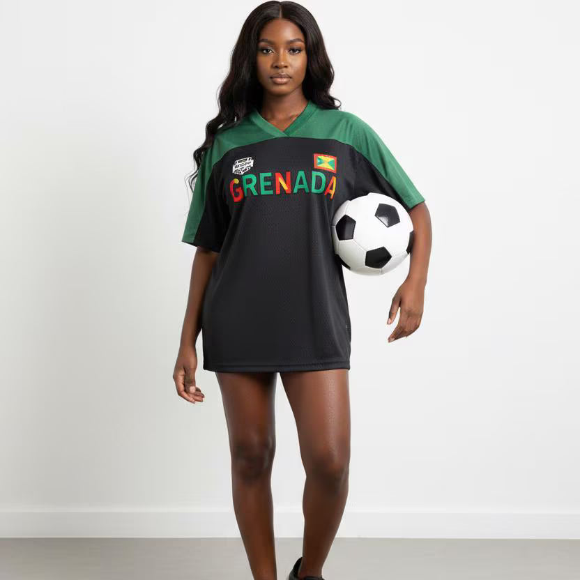 Grenada Flag Themed Graphic Mesh V-Neck Soccer Jersey
