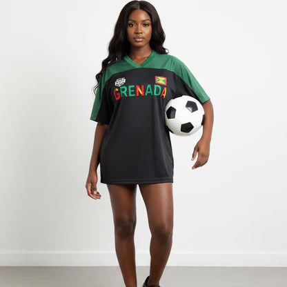 Grenada Flag Themed Graphic Mesh V-Neck Soccer Jersey