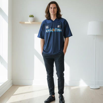 Argentina Flag Themed Graphic Mesh V-Neck Soccer Jersey