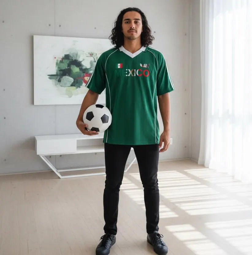Mexico Flag Themed Graphic Stripe Collared Soccer Jersey