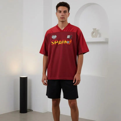 Spain Flag Themed Graphic Mesh V-Neck Soccer Jersey
