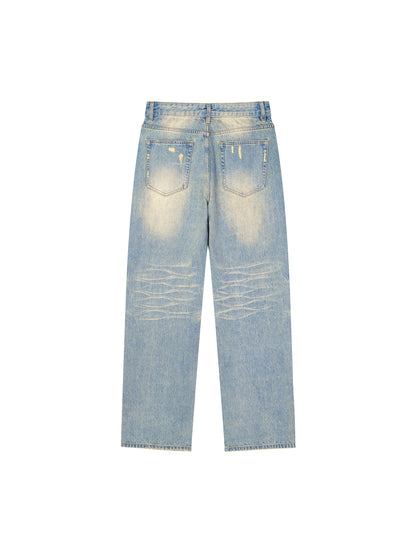 Colorful Unisex Dragon Art Graphic Sun Fade Raw Hem Denim Jeans