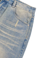 Women's Graphic Denim Jeans Featuring Sticker-Style Prints, Sun-Faded Wash, and Raw Hem Detail ODMPOD