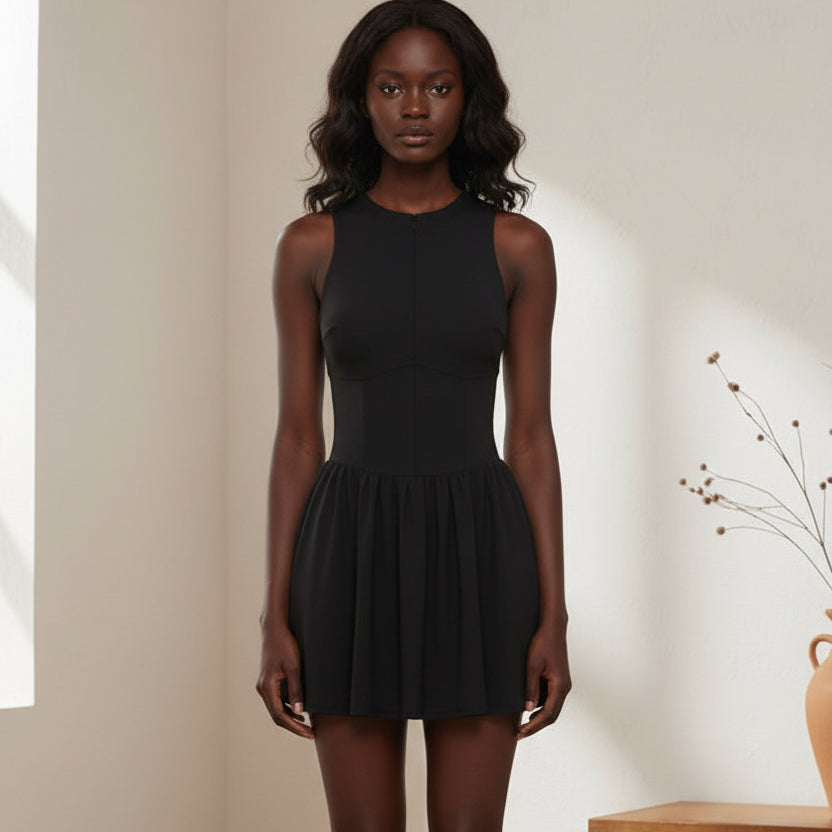 Sleeveless Full-Zip Summer Dress with Ruched Detailing for Women