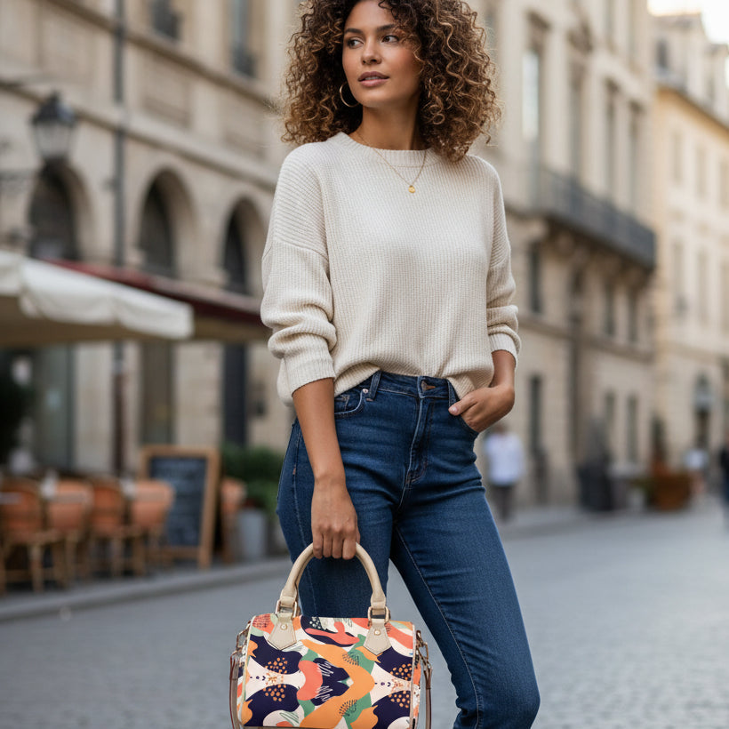 All-Over Colorful Patterned Classic Barrel-Shaped PU Leather Handbag