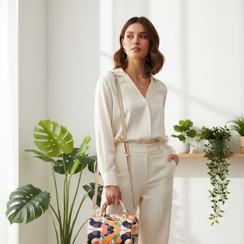 All-Over Colorful Patterned Classic Barrel-Shaped PU Leather Handbag