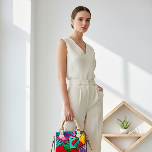 Colorful Botanical Themed Classic Barrel-Shaped PU Leather Handbag
