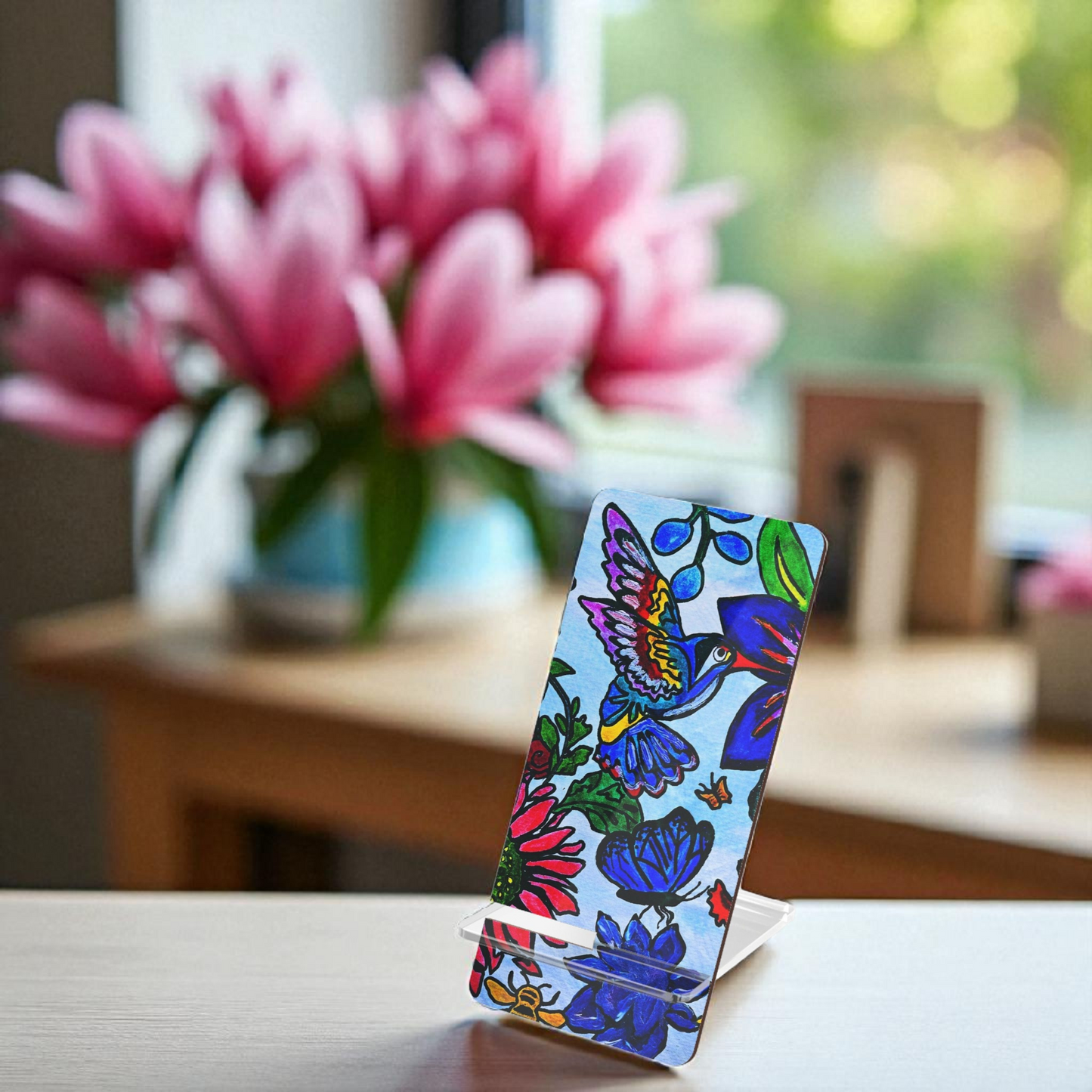 Mobile Display Stand with Handcrafted Spring Floral Artwork, Artisan Phone Holder