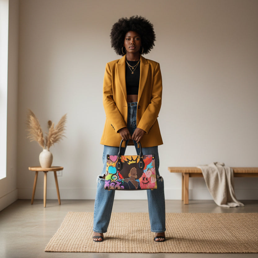 Tote bag featuring graffiti-style Afrocentric artwork, designed with black handles Yoycol