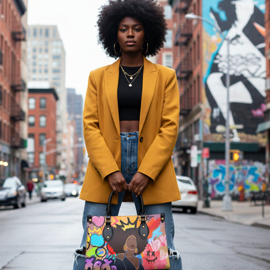 Graffiti Style Afro Art Themed Women's Tote Bag With Black Handle