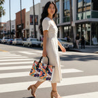 Women's Tote Bag Featuring a vibrant, Patterned Design and Black Handles. Yoycol