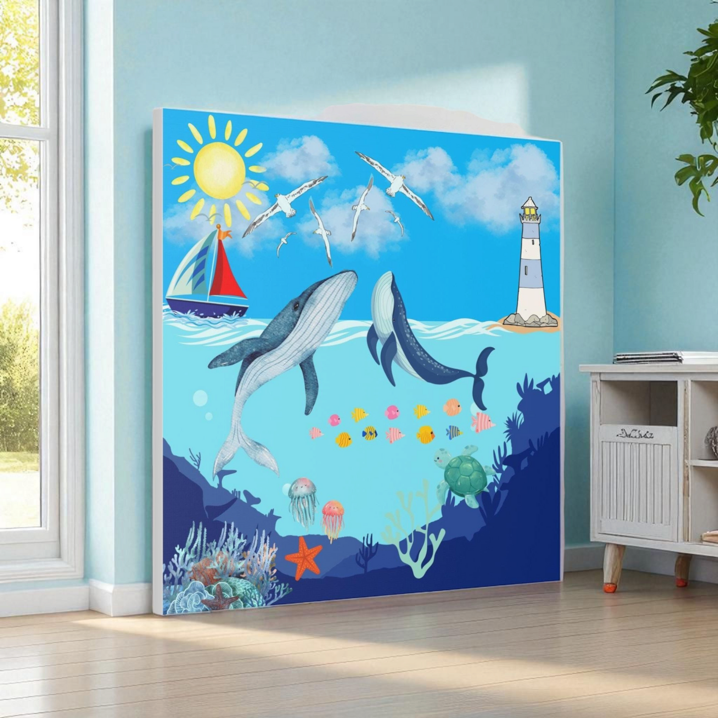 Whale Art Canvas, Ocean Life Wall Art, Nautical Home Decor, Coastal Canvas Print