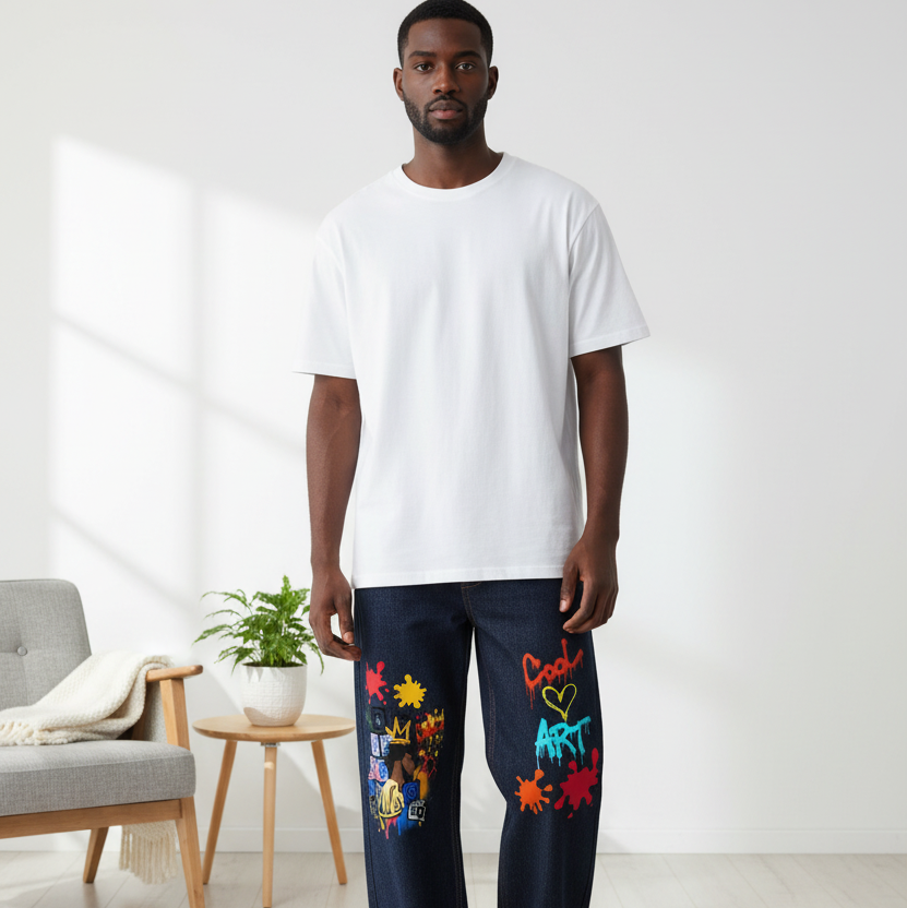 Colorful Graffiti Music Themed Graphic Men's Heavyweight Straight Leg Denim Jeans
