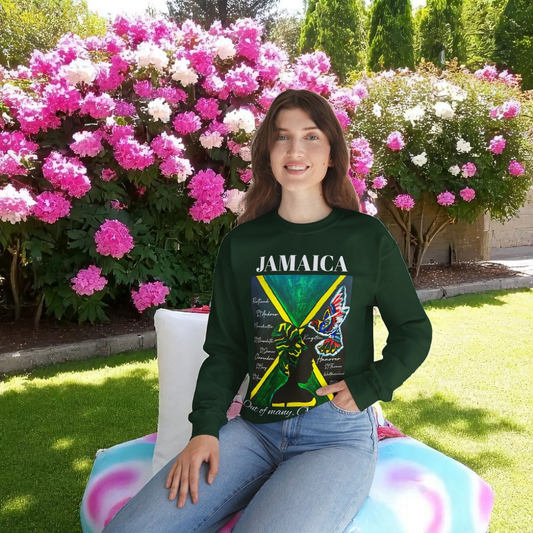 Handcrafted Graphic Sweatshirt featuring Jamaican Flag Art, Cozy Crewneck