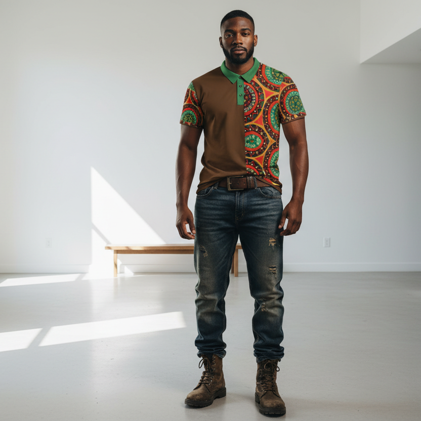 African-Inspired Half-Print Polo Shirt — Bold Tribal Mandala Design