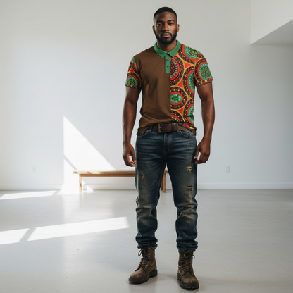 African-Inspired Half-Print Polo Shirt — Bold Tribal Mandala Design