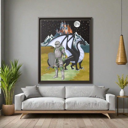 Framed Matte Canvas - Knight and Dragon Fantasy Art