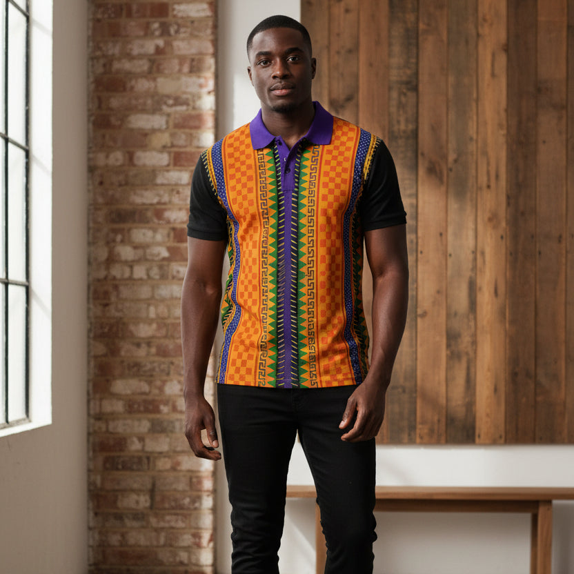 African Kente Stripe Polo Shirt — Vibrant Cultural Print Golf Polo