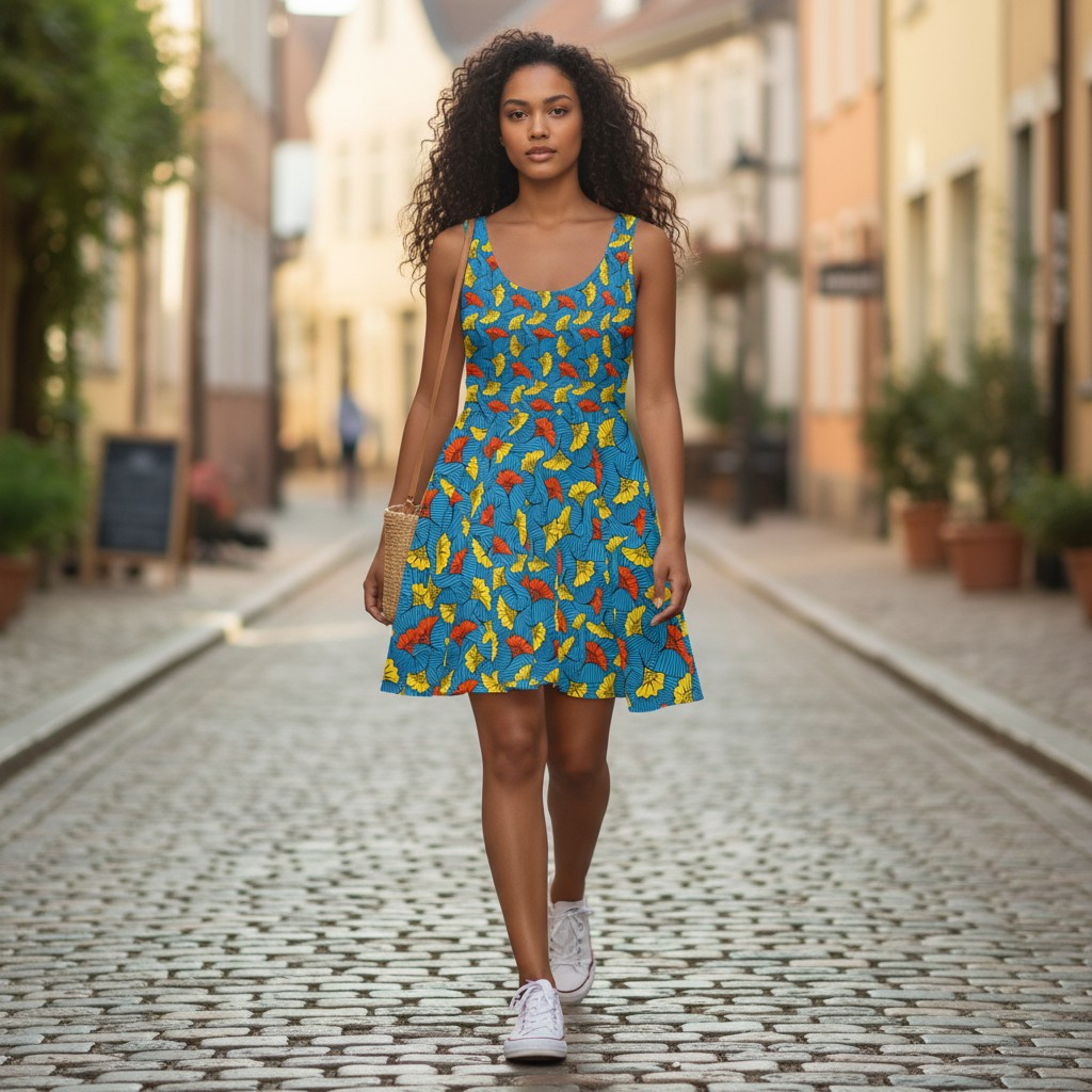 Tropical Leaf Skater Dress — Bright Blue All-Over Print Women's Dress