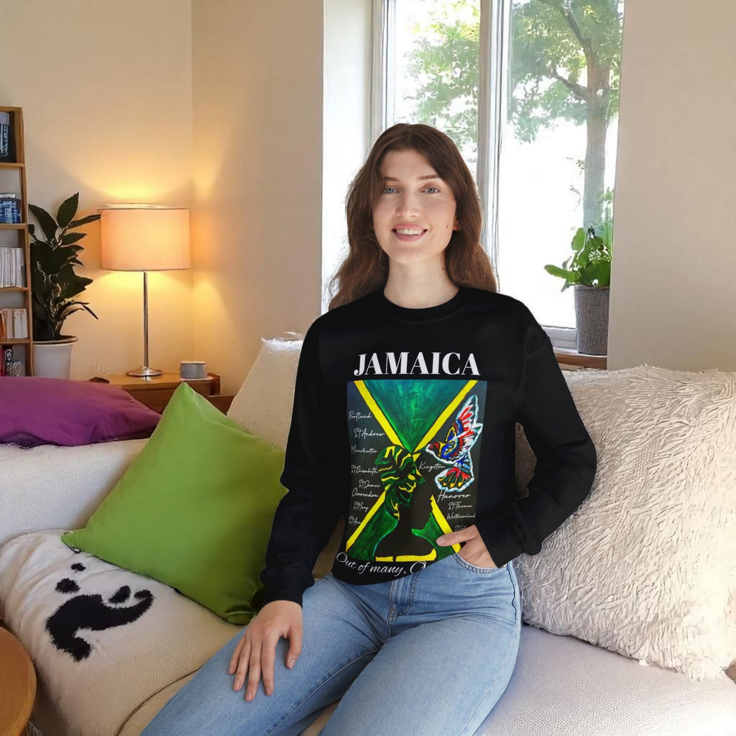 Handcrafted Graphic Sweatshirt featuring Jamaican Flag Art, Cozy Crewneck