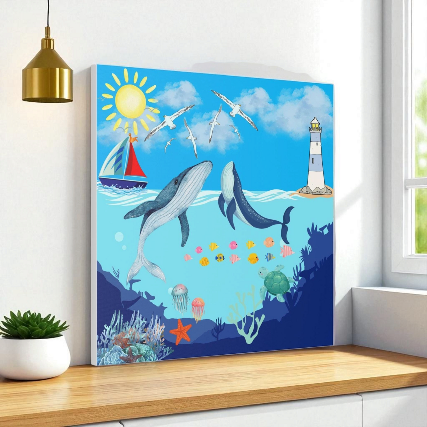 Whale Art Canvas, Ocean Life Wall Art, Nautical Home Decor, Coastal Canvas Print