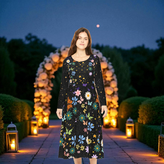 Celestial Floral Long Sleeve Dance Dress - Perfect for Parties, Events, Spring Celebrations