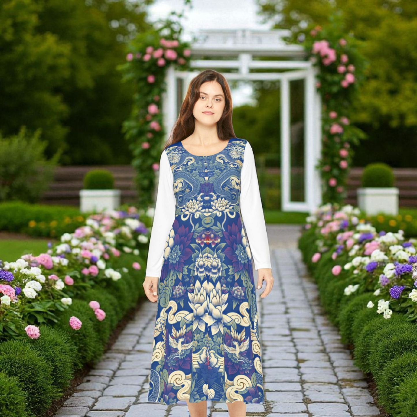 Unique Elegant Floral Print Long Sleeve Dance Dress, Perfect for Parties, Comfortable Fit