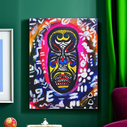 Artisan Tribal Mask Painting on Matte Stretched Canvas, Eco-Friendly Wall Art for Home Decor