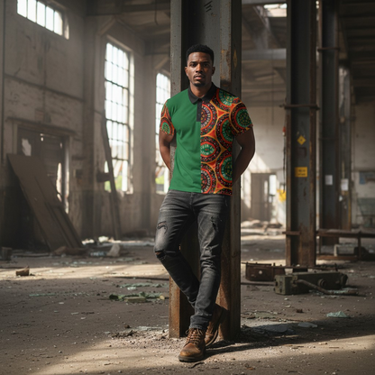 African Mandala Print, Unisex Polo Shirt — Bold Orange & Green Tribal Pattern