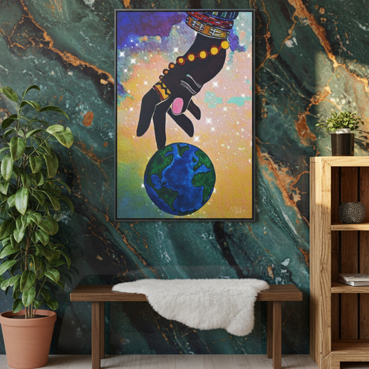Cosmic Ethnic Wall Art - Handcrafted Astronomical Painting, Unique Space-Themed Decor, Vertica Frame