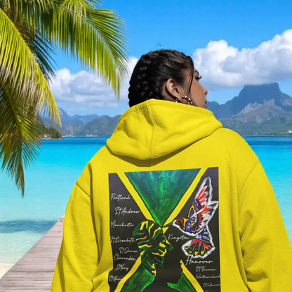 Illustrated Jamaican Woman Ethnic Streetwear Full Zip Hoodie, Jamaican Flag Colors
