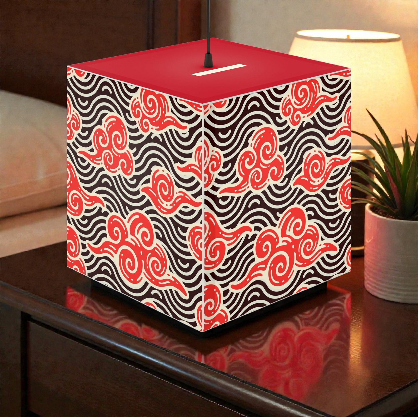 Japanese Wave Cube Lamp — Red Kumo Pattern Light