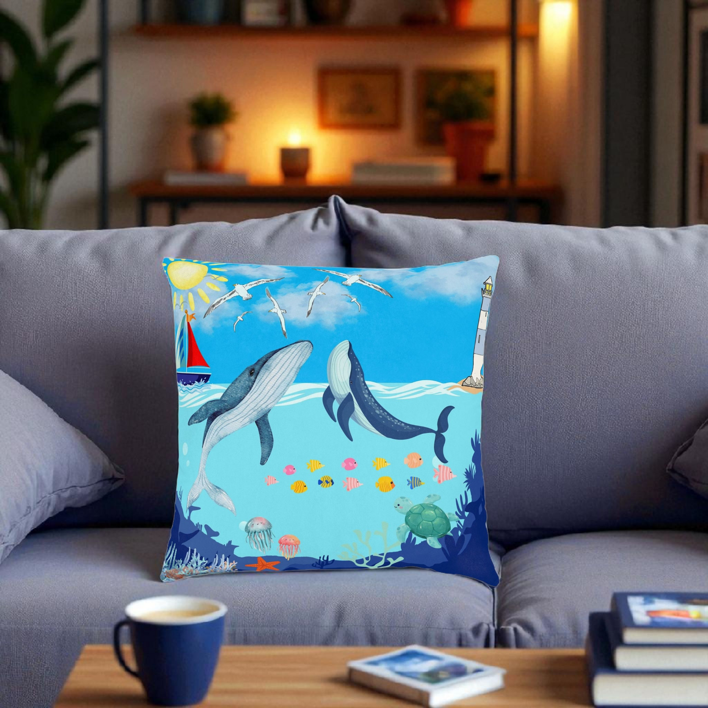Whale Adventure Square Pillow – Coastal Home Decor