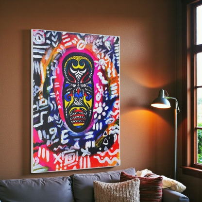 Artisan Tribal Mask Painting on Matte Stretched Canvas, Eco-Friendly Wall Art for Home Decor