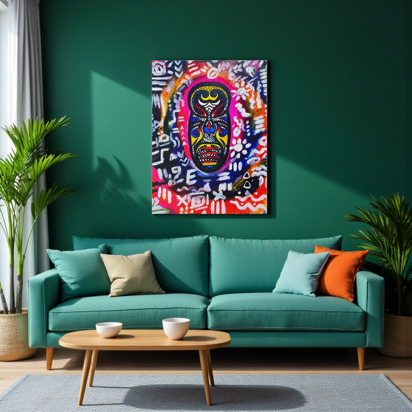 Artisan Tribal Mask Painting on Matte Stretched Canvas, Eco-Friendly Wall Art for Home Decor
