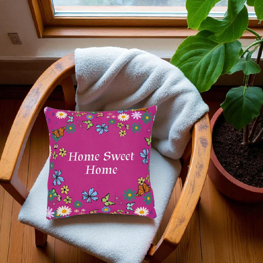 Floral Home Sweet Home Square Pillow - Cozy Decor for Living Room & Bedroom
