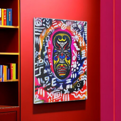 Artisan Tribal Mask Painting on Matte Stretched Canvas, Eco-Friendly Wall Art for Home Decor