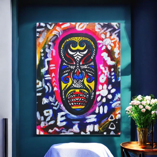 Artisan Tribal Mask Painting on Matte Stretched Canvas, Eco-Friendly Wall Art for Home Decor
