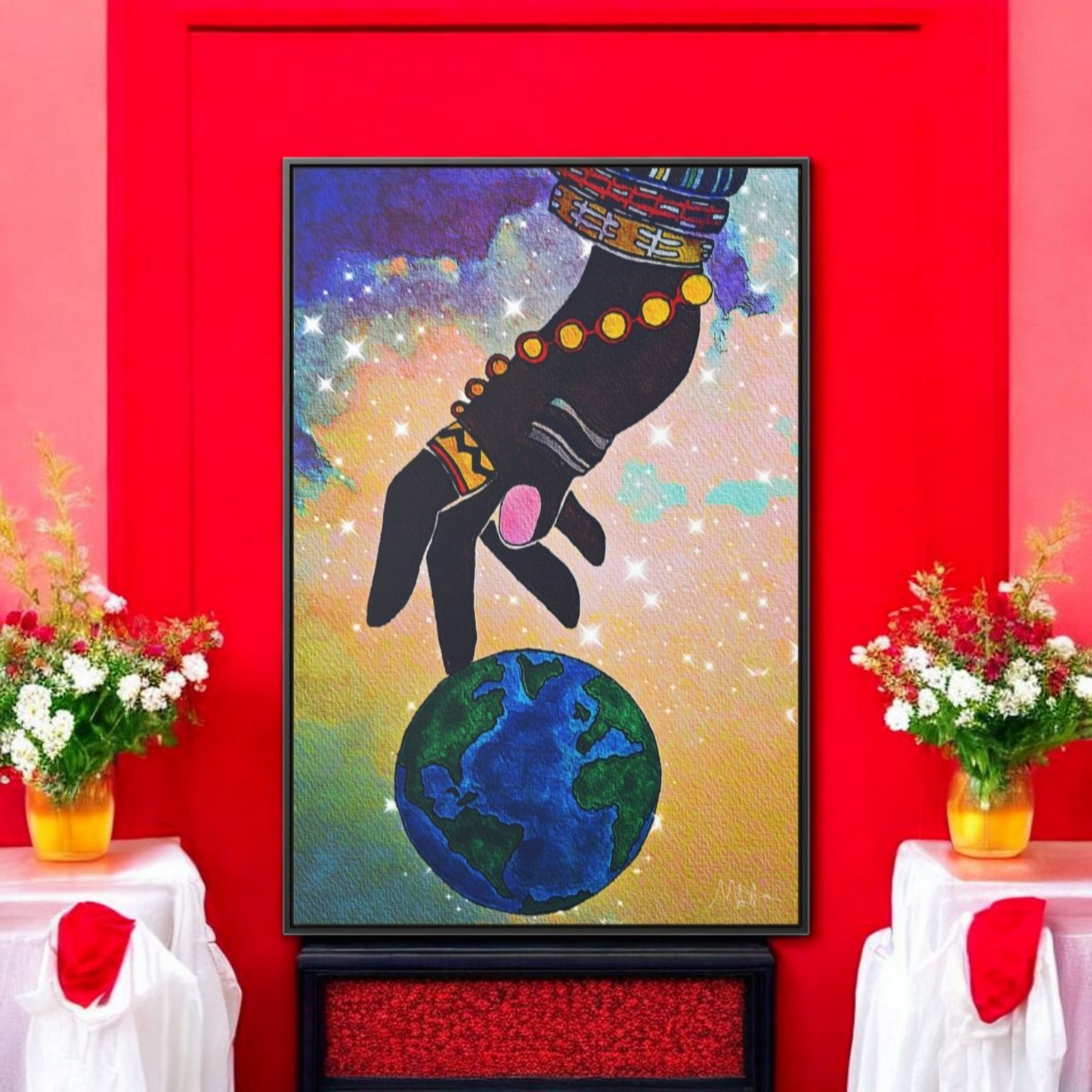 Cosmic Ethnic Wall Art - Handcrafted Astronomical Painting, Unique Space-Themed Decor, Vertica Frame