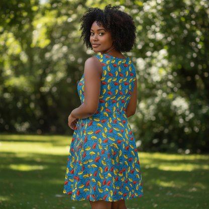 Tropical Leaf Skater Dress — Bright Blue All-Over Print Women's Dress