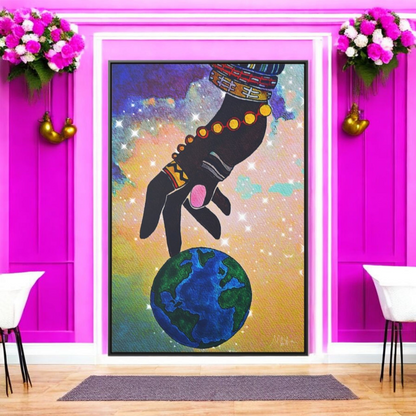 Cosmic Ethnic Wall Art - Handcrafted Astronomical Painting, Unique Space-Themed Decor, Vertica Frame