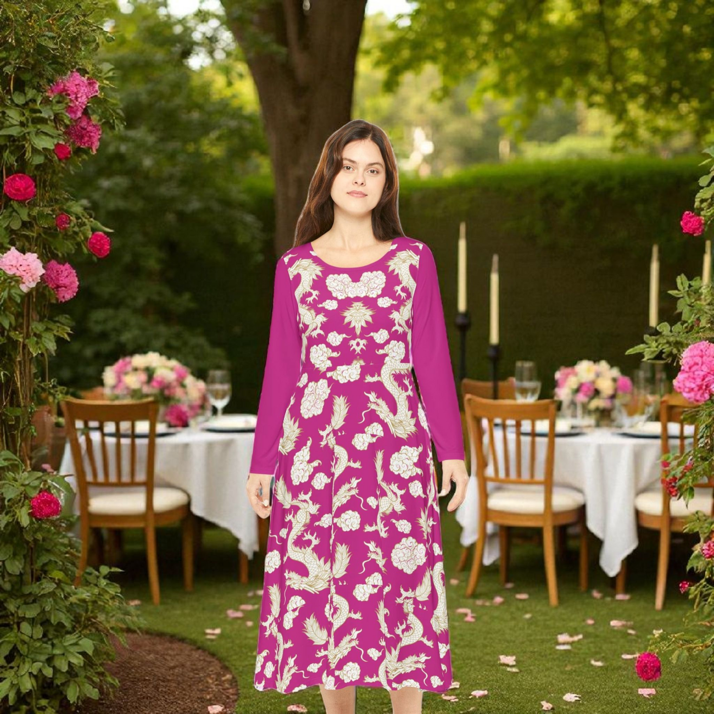 Pink Floral & Gragon Print Long Sleeve Dance Dress | Boho Style, Vintage Inspired