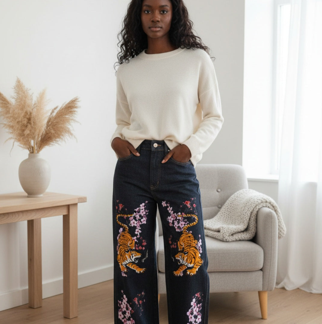 Colorful Tiger Art Graphic Women's Straight-Leg Denim Jeans