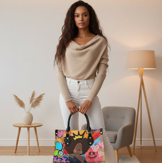 Graffiti Style Afro Art Themed Women's Tote Bag With Black Handle