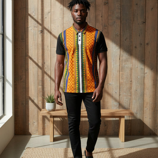 African Kente Stripe Polo Shirt — Vibrant Cultural Print Golf Polo